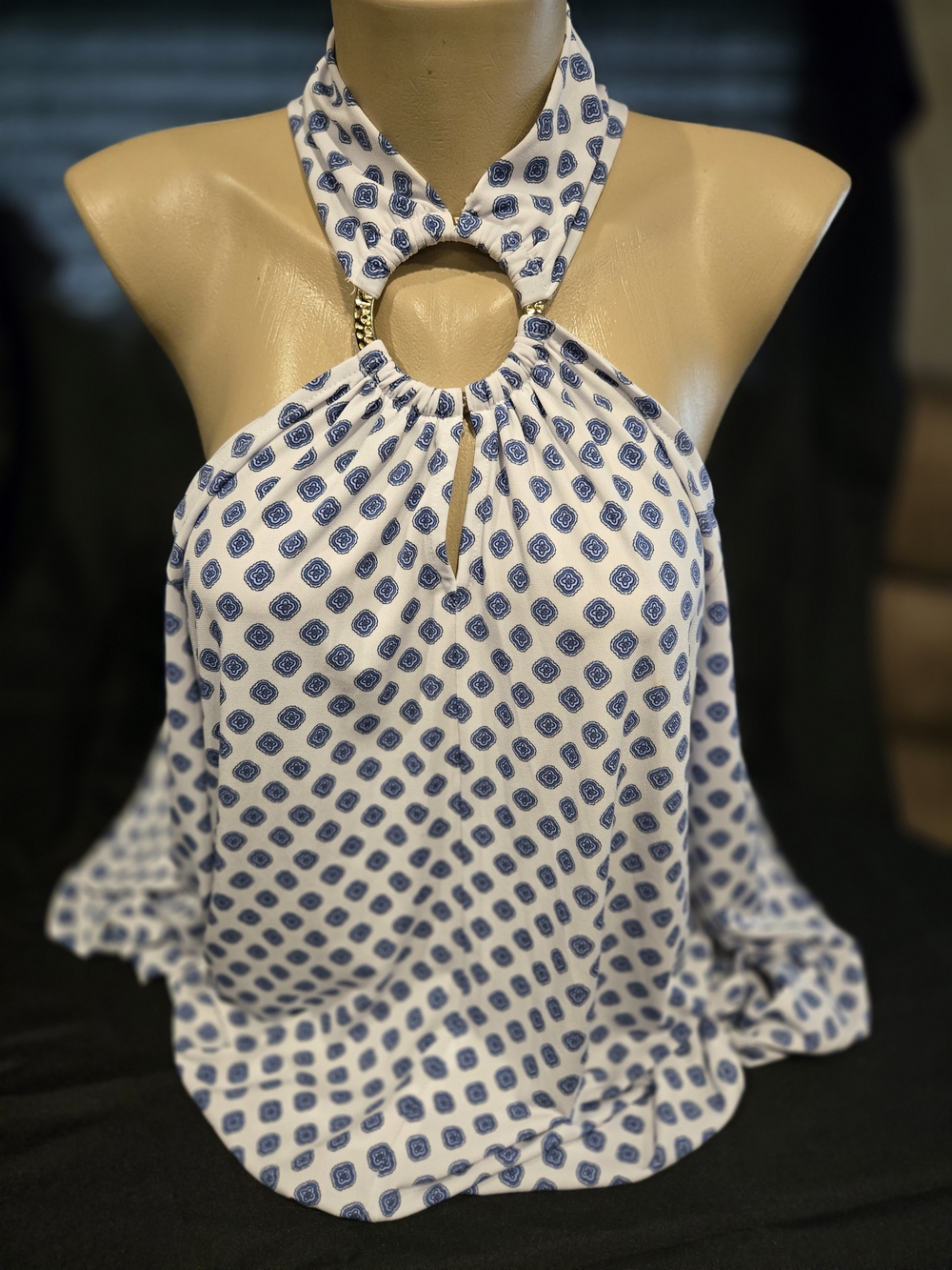 Michael Kors White Halter Top with Navy Geometric Print and Ring Detail